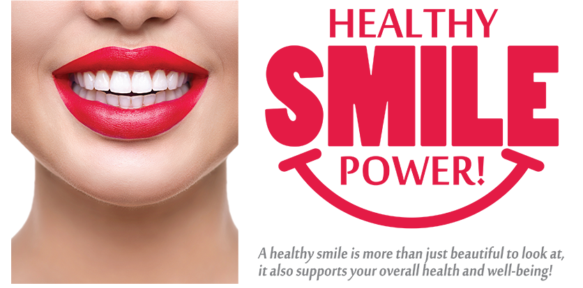 The image is a promotional graphic for a dental service that focuses on cosmetic treatments, specifically using the slogan  Healthy Smile Power.  It features a smiling woman with red lipstick and a clean, white background.