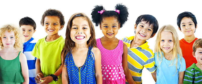 The image is a collage of children and young adults, each with distinct features, posing in various colorful backgrounds.